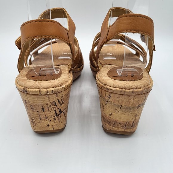 B.O.C. by Born Concept Cross Strap Tan Leather Cork Wedge Sandals SZ 6 - Picture 5 of 13